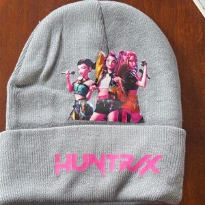 Gray K pop  Beanie with Colorful Graphic and Pink Logo